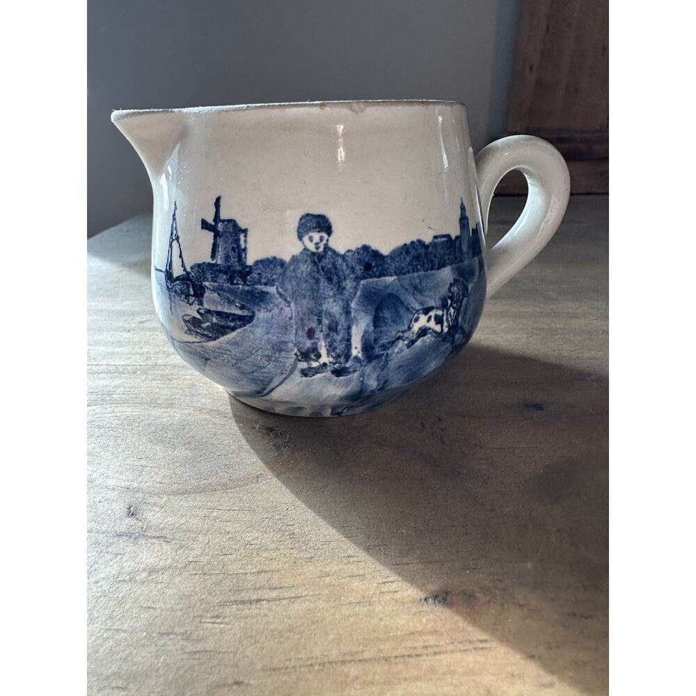 Antique G.S. Zell Baden Germany Hand Painted Blue Creamer Dutch Boy With Dog 3”T